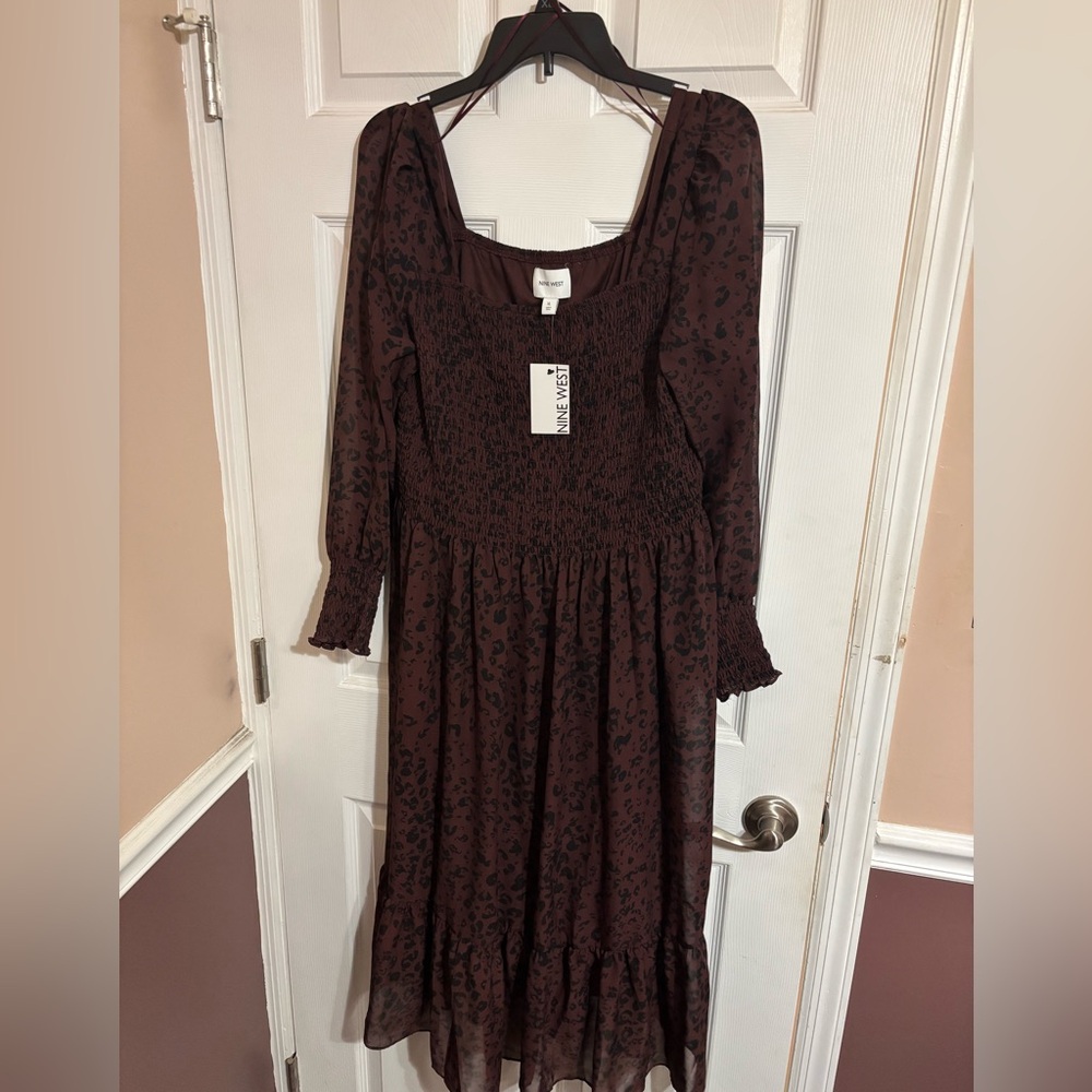 Nine West Dark Brown Animal Print Long Sleeve Dress